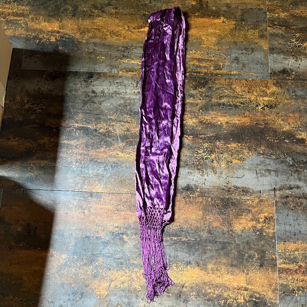 Purple Crushed Velvet Scarf with Macrame Fringe, 85" x 5.5"